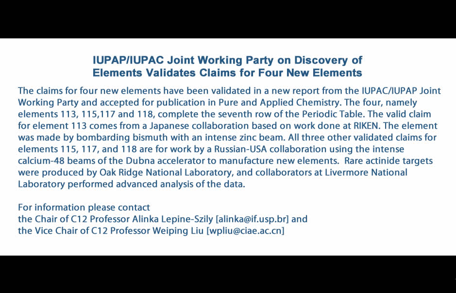 IUPAP/IUPAC Joint Working Party on Discovery of Elements Validates Claims for Four New Elements
