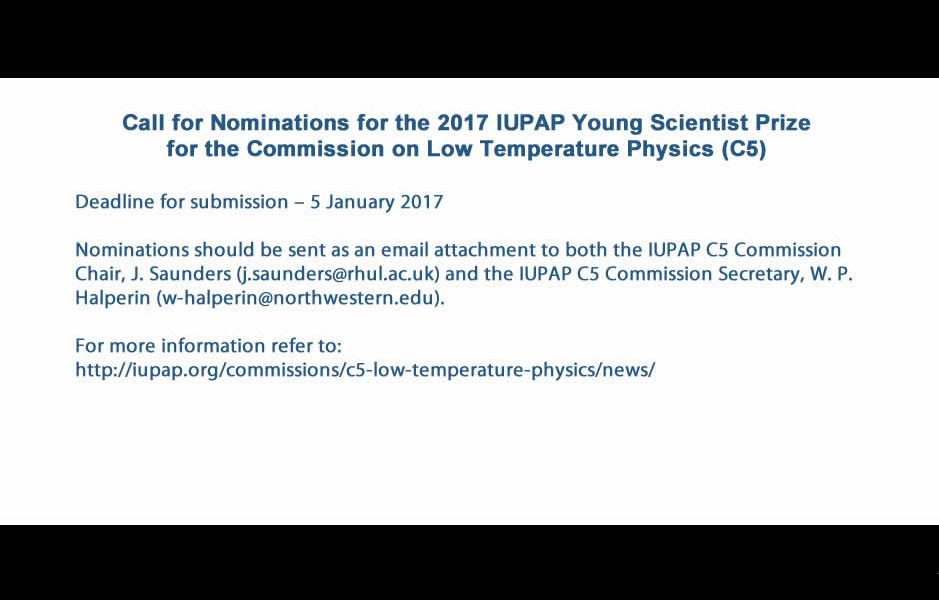 Call for Nominations for the 2017 IUPAP Young Scientist Prize for the Commission on Low Temperature Physics (C5)