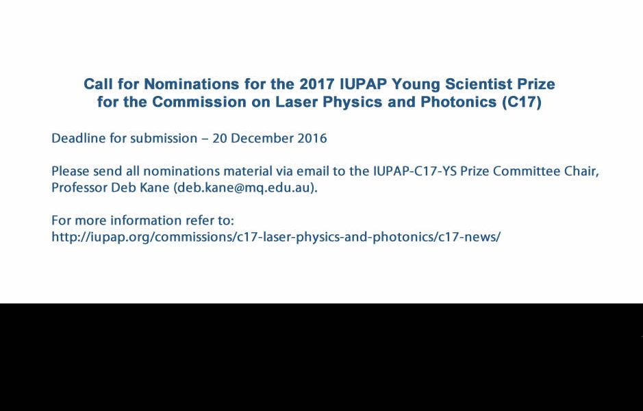 Call for Nominations for the 2017 IUPAP Young Scientist Prize for the Commission on Laser Physics and Photonics (C17)