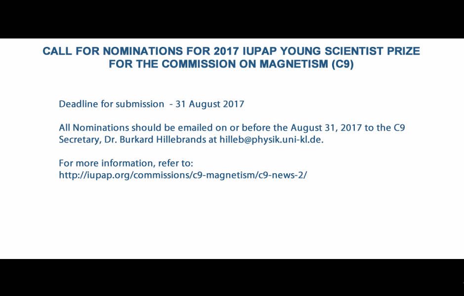 CALL FOR NOMINATIONS FOR 2017 IUPAP YOUNG SCIENTIST PRIZE FOR THE COMMISSION ON MAGNETISM (C9)