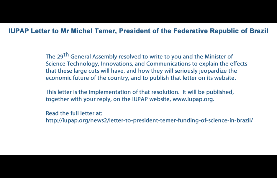 IUPAP Letter to Mr Michel Temer, President of the Federative Republic of Brazil