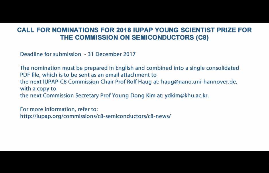 CALL FOR NOMINATIONS FOR 2018 IUPAP YOUNG SCIENTIST PRIZE FOR THE COMMISSION ON SEMICONDUCTORS (C8)