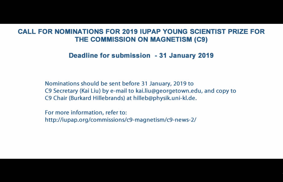 CALL FOR NOMINATIONS FOR 2019 IUPAP YOUNG SCIENTIST PRIZE FOR THE COMMISSION ON MAGNETISM (C9)