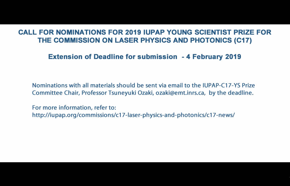 CALL FOR NOMINATIONS FOR 2019 IUPAP YOUNG SCIENTIST PRIZE FOR